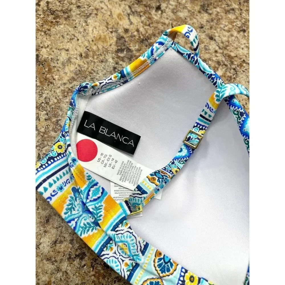 New La Blanca Blue Gold Tile Print Twist Front Sweetheart Bikini Top Size 10